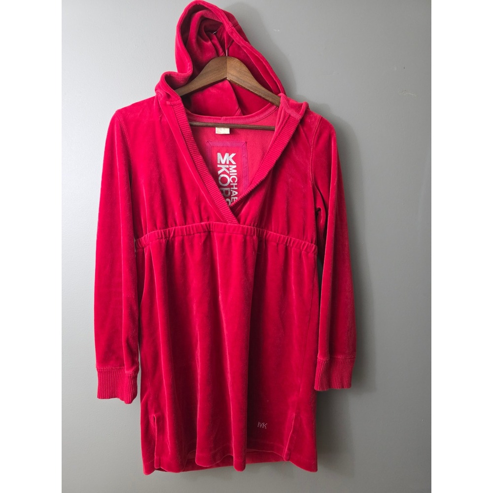 Michael Kors Red Velour Hooded Empire Waist Mini Dress Small MK Logo V-Neck